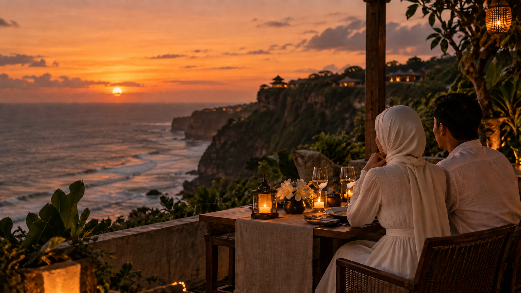 A Muslim couple enjoying a private candlelit dinner overlooking the Bali coast at sunset