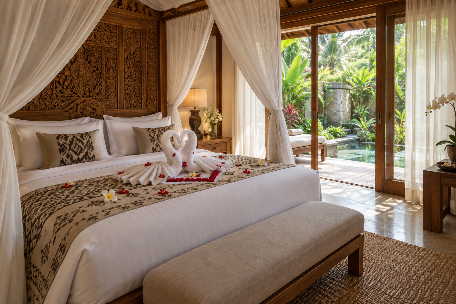 Romantic Bali villa bedroom prepared for honeymoon guests